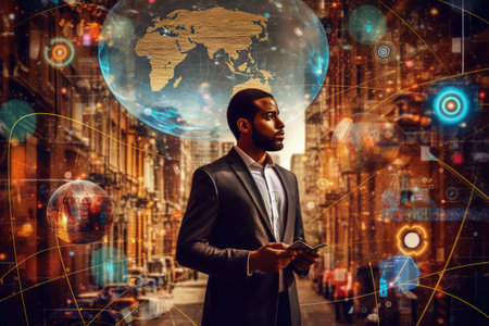 Innovative communication tech, Concept of a globally connected world, Cloud computing network, connecting through telecommunication, Social Network Online Community. Generative AI.の素材