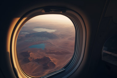 A view from the window of an airplane. Flying over the ground, view over an abyss, flying . Beautiful scenic view of sunset through aircraft window. Image save-path for window airplane. Generative AI.の素材