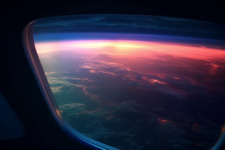 A view from the window of an airplane. Flying over the ground, view over an abyss, flying . Beautiful scenic view of sunset through aircraft window. Image save-path for window airplane. Generative AI.の素材