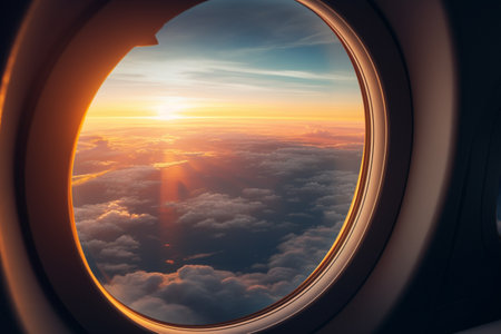 A view from the window of an airplane. Flying over the ground, view over an abyss, flying . Beautiful scenic view of sunset through aircraft window. Image save-path for window airplane. Generative AI.の素材