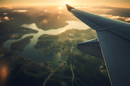 A view from the window of an airplane. Flying over the ground, view over an abyss, flying . Beautiful scenic view of sunset through aircraft window. Image save-path for window airplane. Generative AI.の素材