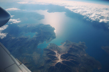 A view from the window of an airplane. Flying over the ground, view over an abyss, flying . Beautiful scenic view of sunset through aircraft window. Image save-path for window airplane. Generative AI.の素材