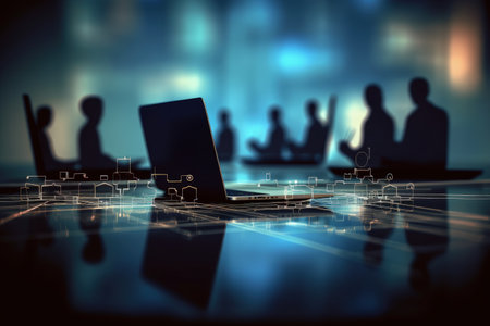 Internet based business technology concept for webinars. e-learning education concept, learning online with webinar, video tutorial, internet lessons. Generative AI.の素材