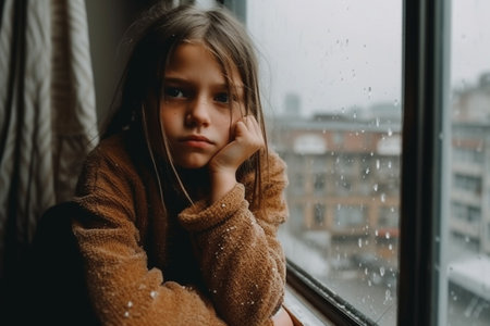 Orphan child. Abandoned street children, homeless, orphans. Lonely and helpless, an adolescent with no family living on the street. , forgotten, and needed by no one. Generative AI.の素材