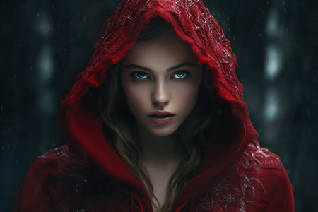 Little Red Riding Hood. A Fairy Tale, by Charles Perrault, the Brothers Grimm. The Red Cloak, a timeless classic, a story for children. Metaphor retelling, an embodiment of the story. Generative AI.の素材