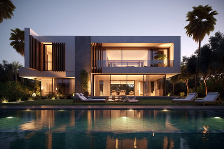 New modern house. new construction. Creative structure. Future architechture. Strict contours mixed with wraparound surfaces. Minimalism and pinkness. Richness and glamour. Generative AI.の素材