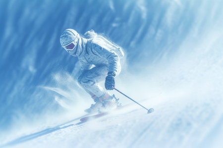 Winter Vacation, winter weekend, skiing ski mask snow sledding, recreation in the winter mountains, adrenaline, speed, nature beauty, enjoyment from the bustle of the city and work. Generative AI.の素材