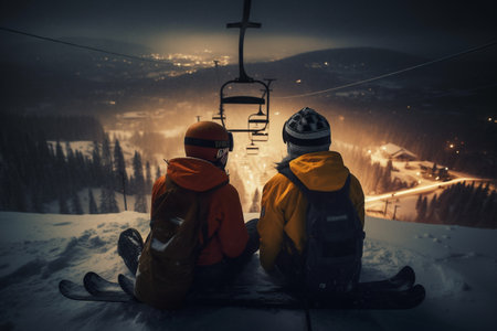 Winter Vacation, winter weekend, skiing ski mask snow sledding, recreation in the winter mountains, adrenaline, speed, nature beauty, enjoyment from the bustle of the city and work. Generative AI.の素材
