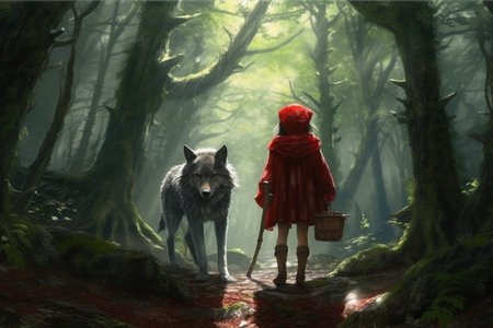 Little Red Riding Hood. A Fairy Tale, by Charles Perrault, the Brothers Grimm. The Red Cloak, a timeless classic, a story for children. Metaphor retelling, an embodiment of the story. Generative AI.の素材