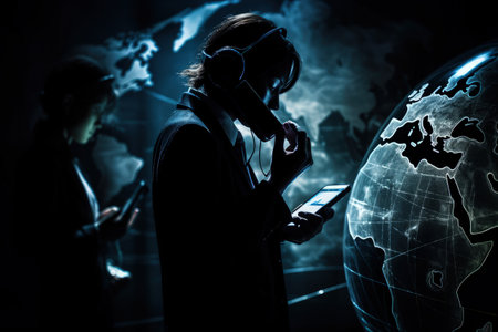 Innovative communication tech, Concept of a globally connected world, Cloud computing network, connecting through telecommunication, Social Network Online Community. Generative AI.の素材