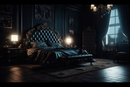 Bedroom design ideas, Modern and creative design ideas extraordinary and stylish minimalist bedroom. black modern. luxurious, oppulent, modern, luxe modern-baroque, Generative AI.の素材