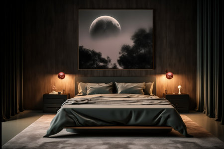 Bedroom design ideas, Modern and creative design ideas extraordinary and stylish minimalist bedroom. black modern. luxurious, oppulent, modern, luxe modern-baroque, Generative AI.の素材