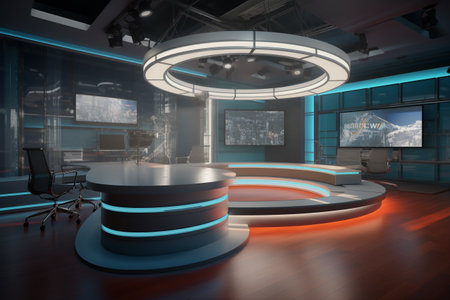 Mass media concept set with journalists preparing news materials operators working with camera and interviewer. correspondents, newsroom, media, microphone camcorder, Reporter. Generative AI.の素材