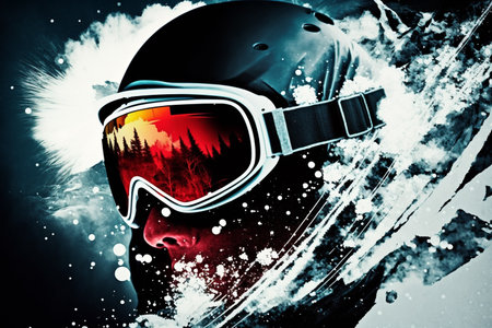 Winter Vacation, winter weekend, skiing ski mask snow sledding, recreation in the winter mountains, adrenaline, speed, nature beauty, enjoyment from the bustle of the city and work. Generative AI.の素材