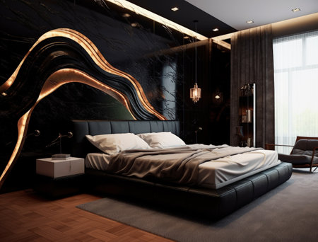 Bedroom design ideas, Modern and creative design ideas extraordinary and stylish minimalist bedroom. black modern. luxurious, oppulent, modern, luxe modern-baroque, Generative AI.の素材