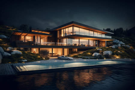 New modern house. new construction. Creative structure. Future architechture. Strict contours mixed with wraparound surfaces. Minimalism and pinkness. Richness and glamour. Generative AI.の素材