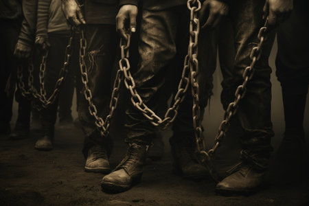 Slavery, forced use of work against persons will. A global problem. Theft. Chains. Forced ownership. Felony criminal. Captive, human trafficking, serfdom, credit, forced marriage. Shackles on handsの素材