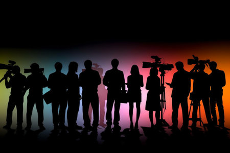 Mass media concept set with journalists preparing news materials operators working with camera and interviewer. correspondents, newsroom, media, microphone camcorder, Reporter.の素材