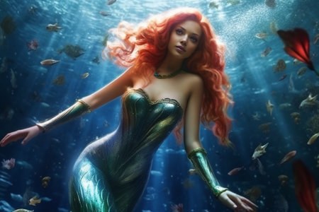 Mermaid in ocean, swimming Ariel, mermaid tail, shells starfish, Underwater a character of East Slavic mythology, Sea Maiden a water creature in form of woman with long loose hair and a fish tailの素材