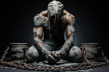 Slavery, forced use of work against persons will. A global problem. Theft. Chains. Forced ownership. Felony criminal. Captive, human trafficking, serfdom, credit, forced marriage. Shackles on handsの素材