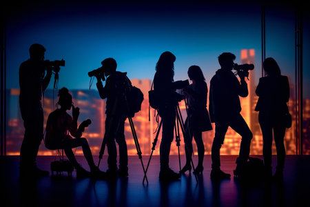 Mass media concept set with journalists preparing news materials operators working with camera and interviewer. correspondents, newsroom, media, microphone camcorder, Reporter.の素材