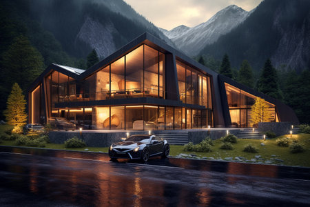 New modern house. new construction. Creative structure. Future architechture. Strict contours mixed with wraparound surfaces. Minimalism and pinkness. Richness and glamour.の素材