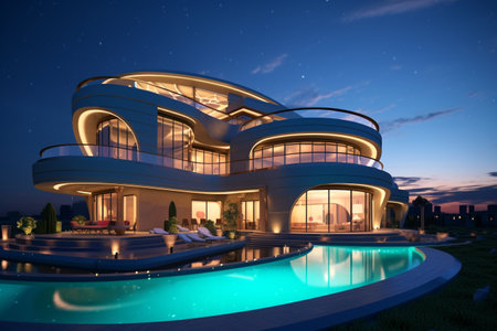 New modern house. new construction. Creative structure. Future architechture. Strict contours mixed with wraparound surfaces. Minimalism and pinkness. Richness and glamour.の素材