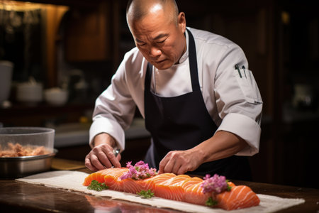 The aesthetics of Japanese cuisine. Sushi. Rice with vinegar seasoning. Various seafood. Delicottes. Tasty food. Seasonings and spices. Sashimi Rolls Ramen Poke.の素材