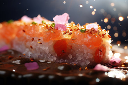 The aesthetics of Japanese cuisine. Sushi. Rice with vinegar seasoning. Various seafood. Delicottes. Tasty food. Seasonings and spices. Sashimi Rolls Ramen Poke.の素材