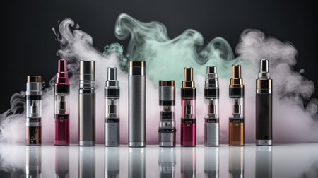 Vaping, electronic cigarette, alternative to cigarettes vape, colorful club of fragrant smoke. A large vapor vapour club, aromatics, different flavorsの素材