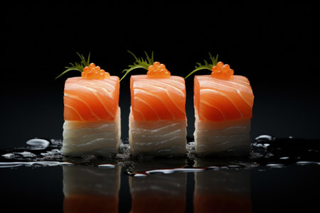 The aesthetics of Japanese cuisine. Sushi. Rice with vinegar seasoning. Various seafood. Delicottes. Tasty food. Seasonings and spices. Sashimi Rolls Ramen Poke.の素材
