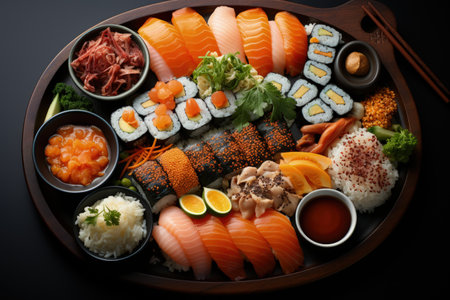 The aesthetics of Japanese cuisine. Sushi. Rice with vinegar seasoning. Various seafood. Delicottes. Tasty food. Seasonings and spices. Sashimi Rolls Ramen Poke.の素材