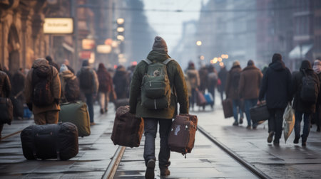 Modern world problem refugees, displaced immigrants emigrants, war victim fleeing military conflict, saving your own life, homelessness waifless children, group of people with luggageの素材