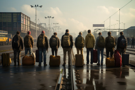 Modern world problem refugees, displaced immigrants emigrants, war victim fleeing military conflict, saving your own life, homelessness waifless children, group of people with luggageの素材