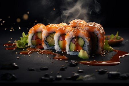 The aesthetics of Japanese cuisine. Sushi. Rice with vinegar seasoning. Various seafood. Delicottes. Tasty food. Seasonings and spices. Sashimi Rolls Ramen Poke.の素材