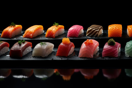 The aesthetics of Japanese cuisine. Sushi. Rice with vinegar seasoning. Various seafood. Delicottes. Tasty food. Seasonings and spices. Sashimi Rolls Ramen Poke.の素材