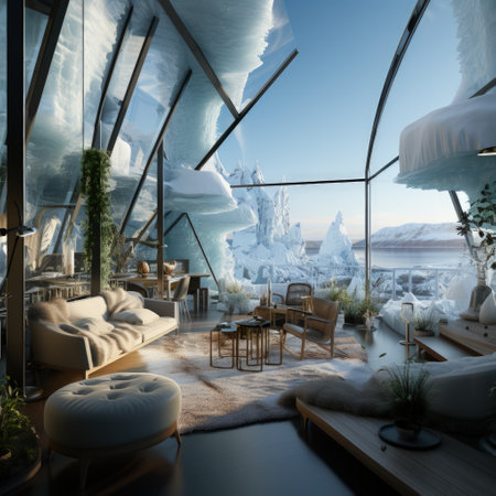 A house of the future built in an iceberg in Anarctica. Future living: innovative house within antarctic iceberg - sustainable design and isolation in the frozen wildernessの素材