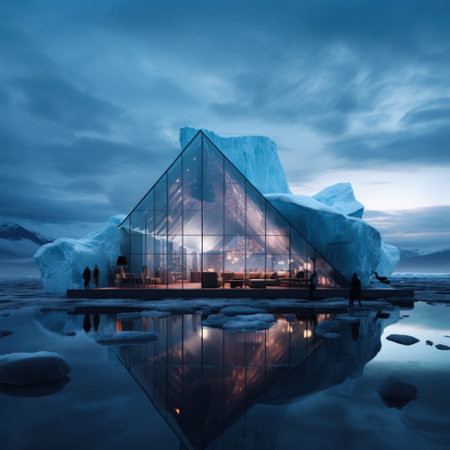 A house of the future built in an iceberg in Anarctica. Future living: innovative house within antarctic iceberg - sustainable design and isolation in the frozen wildernessの素材