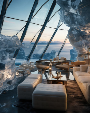 A house of the future built in an iceberg in Anarctica. Future living: innovative house within antarctic iceberg - sustainable design and isolation in the frozen wildernessの素材