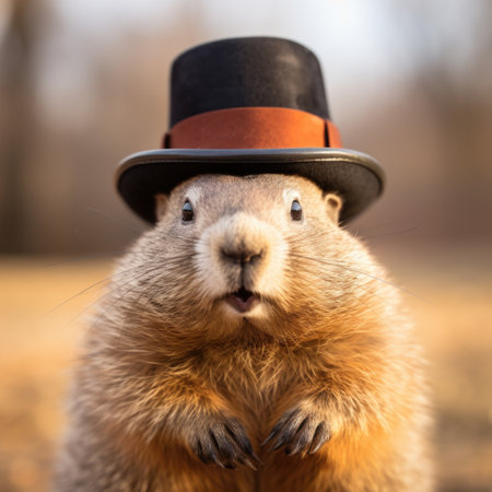Groundhog Day celebration, with Punxsutawney Phil emerging to predict the weather, an annual tradition in February, anticipating an early spring or extended winter.の素材