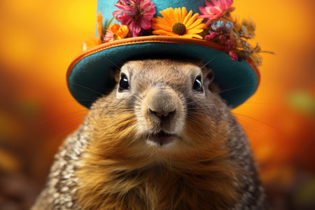 Groundhog Day celebration, with Punxsutawney Phil emerging to predict the weather, an annual tradition in February, anticipating an early spring or extended winter.の素材