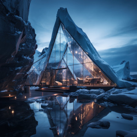 A house of the future built in an iceberg in Anarctica. Future living: innovative house within antarctic iceberg - sustainable design and isolation in the frozen wildernessの素材