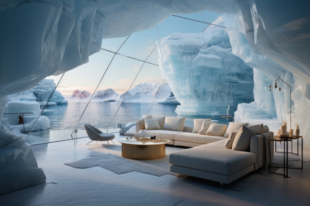 A house of the future built in an iceberg in Anarctica. Future living: innovative house within antarctic iceberg - sustainable design and isolation in the frozen wildernessの素材