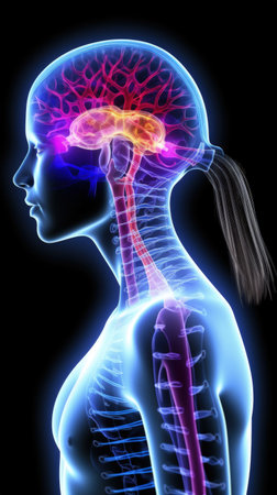 Human brain signal. Deep Learning Concept. Human head and brain. Different kind of waveforms produced by brain. neuron cells with glowing link knotsの素材