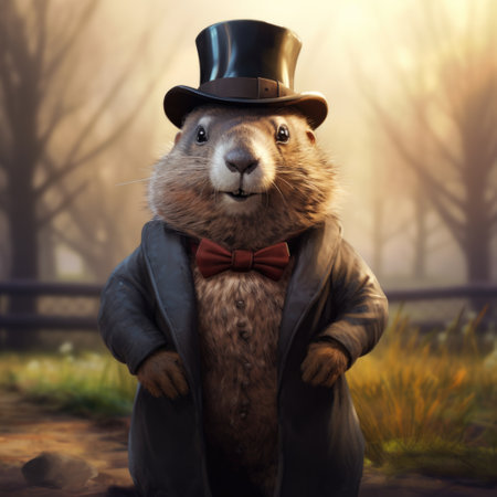 Groundhog Day celebration, with Punxsutawney Phil emerging to predict the weather, an annual tradition in February, anticipating an early spring or extended winter.の素材