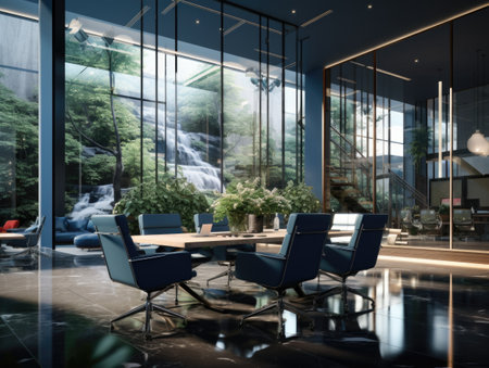 Modern office with plants for a refreshing and productive workspace. eco-friendly open plan modern office space enriched with lush greenery, seamlessly merging nature and work in a harmonious settingの素材