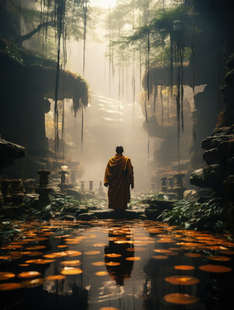 Religion Buddhism. exploring the essence of religion: the path to enlightenment and spiritual awakening in Buddhism's timeless wisdom and meditation practicesの素材