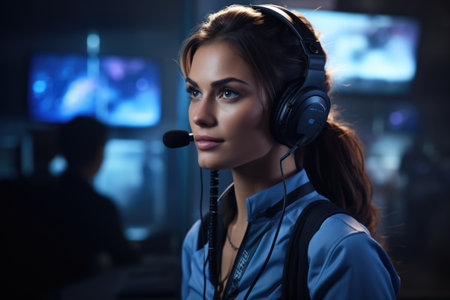 Call-center operator in action: providing exceptional customer service, wearing a headset, and managing inquiries with efficiency and professionalismの素材