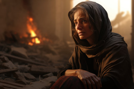 The person, downcast from the war, is haggard, his face expresses grief, his clothes are decrepit. Victim of war, genocide, war crisis conflictの素材