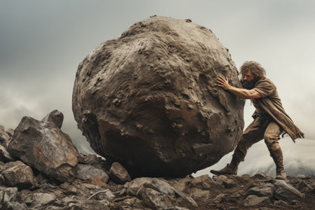 Sisyphus is pushing a rock up a mountain. The enduring symbolism of sisyphus pushing a rock up a mountain: a representation of eternal effort, mythological punishment, and philosophical reflectionの素材